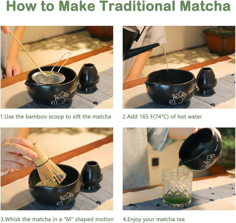 KOIMYSA Matcha Whisk Set Black, Traditional Matcha Tool Set Kit Cat Design Ceramic Chawan Bowl and Bamboo Whisk Gift for Women Friend Tea Lover - Image 4